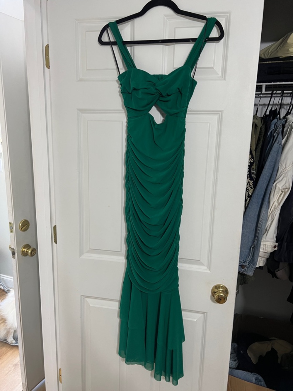 Green Ruched Midi Dress with Twist Front